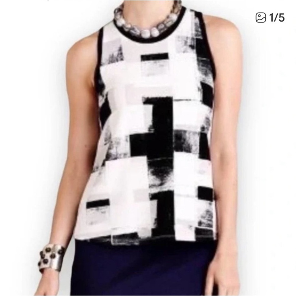 ANTHROPOLOGIE POSTMARK ANZERE White Black Tank Square Pattern Fringe Top SZ S